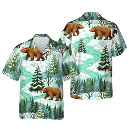 Grizzly Bear Winter Stream: Seamless Hawaiian Pattern Snowy Forest Design Short-sleeve Hawaiian Shirt