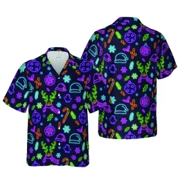 Christmas Reindeer Neon Hawaiian Pattern: Glowing Antlers, Santa Hats, Mittens, Candy Canes Short-sleeve Hawaiian Shirt