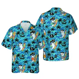 Cartoon Shark Pirate Surfer Pattern - Blue Waves Palm Trees & Skull Ship Design Short-sleeve Hawaiian Shirt