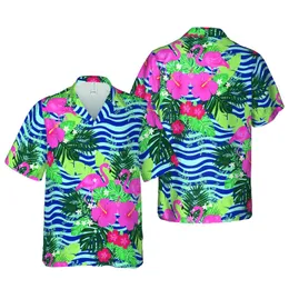 Pink Flamingo, Hibiscus & Red Blossom Pattern | Green Fronds, Navy & Sky Blue Waves Short-sleeve Hawaiian Shirt