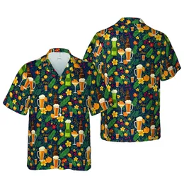 Hawaiian Alcoholic Beverage Pattern: Beer, Cocktails, Citrus, Tropical Leaves Navy Mosaic Short-sleeve Hawaiian Shirt