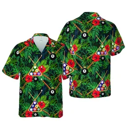 Billiard Player's Tropical 8-Ball Crown Pool Cue Hibiscus Jungle Design Short-sleeve Hawaiian Shirt