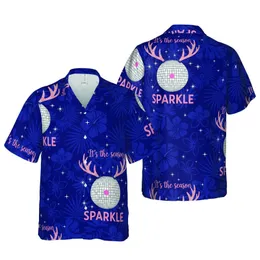 Rose Gold Antlers Silver Disco Ball Pink Sparkle Text Navy Mosaic Design Short-sleeve Hawaiian Shirt