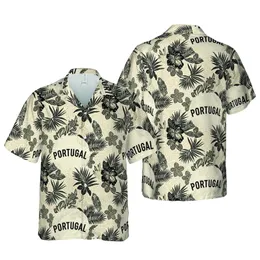 Portugal Spirit Hawaiian Pattern: Bold PORTUGAL Text, Beige Fabric Mosaic, Botanical Edges Short-sleeve Hawaiian Shirt