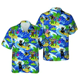 Cat Lover Hawaiian Pattern: Black Cats Surfing Ukulele Ocean Palm Trees Tiki Mugs Short-sleeve Hawaiian Shirt