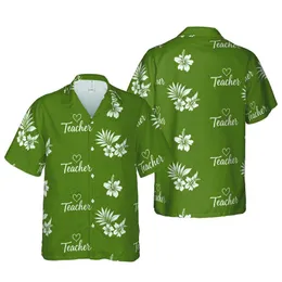 Teacher Hawaiian Pattern: Cursive 'Teacher' Heart Motif Olive Green Knit Textile Print Short-sleeve Hawaiian Shirt