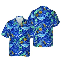 Hawaiian Blue Whale Flora Mosaic Design - Deep Ocean Cerulean Navy Aqua Teal Gold Short-sleeve Hawaiian Shirt