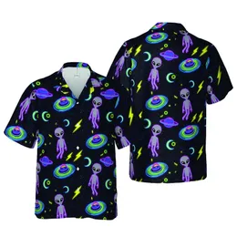 Neon Cosmic Hawaiian Pattern: Grey Aliens, Glowing Saucers, Ringed Planets, Moons, Lightning Short-sleeve Hawaiian Shirt