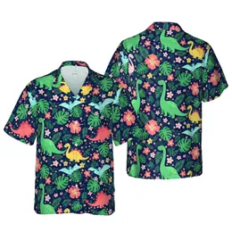 Cartoon Dinosaur Hawaiian Pattern Tropical Leaves Navy Floral Sublimation Design Short-sleeve Hawaiian Shirt
