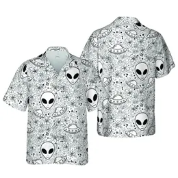Space Explorer All-Over: Cartoon Alien Heads, UFOs, Planets, Black White Star Diamonds Short-sleeve Hawaiian Shirt