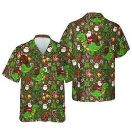 Santa T-Rex Hawaiian Christmas: Gingerbread, Candy Cane, Mistletoe, Holly Berries Short-sleeve Hawaiian Shirt