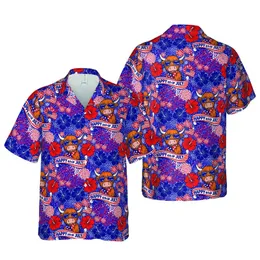 Scottish Highland Cow 4th of July: USA Flag Bandana, Red Blue Hibiscus Firework Print Short-sleeve Hawaiian Shirt