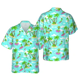 Light Green Alien Surfing Hula Palm Tree Ocean Beach Flamingo Saucer Pattern Short-sleeve Hawaiian Shirt