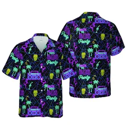 Neon 80s Party Boombox Palms Pineapple Laser Grid Fabric Print Short-sleeve Hawaiian Shirt