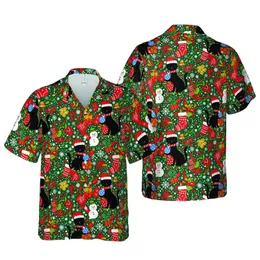 Black Cats Santa Hat Hawaiian Tropical Christmas Stockings Snowflake Motif Short-sleeve Hawaiian Shirt