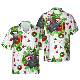 Hawaiian Opossum Christmas Arrangement: Santa Hat, String Light, Candy Cane Festive Display Short-sleeve Hawaiian Shirt