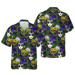 Mardi Gras Jester Mask Hawaiian Gold Green Purple Fleur-De-Lis Bead Fabric Print Short-sleeve Hawaiian Shirt