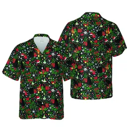 Black Cat Christmas Hawaiian Tile: Santa Hat Gift Box Snowflake Star Design Short-sleeve Hawaiian Shirt