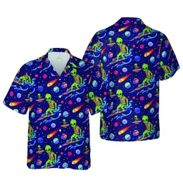 Bigfoot Alien Surfers Hawaiian Seamless Galactic Cosmos Planets Stars UFOs Comets Pattern Short-sleeve Hawaiian Shirt