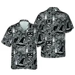 Halloween Tropical Grinning Jack-o'-lantern Black Cat Witches Hat Pattern Short-sleeve Hawaiian Shirt