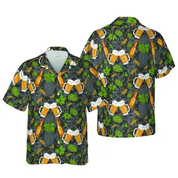 Brewers Golden Hops Barley Emerald Leaves Beer Glass Bottle Barrel Fabric Print Short-sleeve Hawaiian Shirt