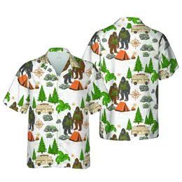 Bigfoot Hawaiian Camping Pattern: Creature Duo, RV, Tent, Campfire, Compass Rose Short-sleeve Hawaiian Shirt