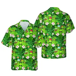Seamless Green Alien Pizza Peace Sign Tropical Leaf Hibiscus Jungle Design Short-sleeve Hawaiian Shirt
