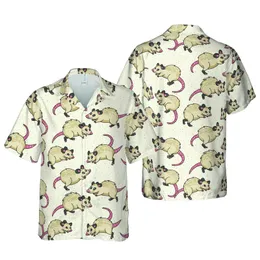 Opossum Hawaiian Design: Cartoon Running Crawling Sitting, Beige Tan Dark Grey Cream Short-sleeve Hawaiian Shirt