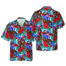 Patriotic Bigfoot Hawaiian: Uncle Sam Hat, Flag, Red Hibiscus, Tropical Leaves Short-sleeve Hawaiian Shirt