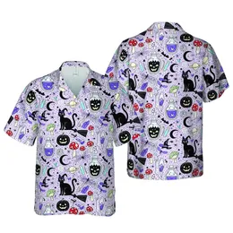 Black Cat Witch Jack-o'-Lantern Potion Moon Crystal Stars Lavender Black White Short-sleeve Hawaiian Shirt