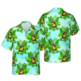 Raccoons With Bananas Plumeria Flowers Monstera Palm Fronds Hawaiian Blue Gradient Tile Short-sleeve Hawaiian Shirt
