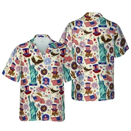 USA Patriotic Hawaiian: Liberty Statue, Bald Eagles, Waving Flags, Cowboy, Uncle Sam Fabric Print Short-sleeve Hawaiian Shirt
