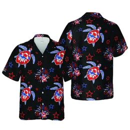 Large Sea Turtles Mosaic Red White Blue Shells Stars Fireworks Dense Black Botanical Fabric Print Short-sleeve Hawaiian Shirt