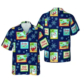 Tropical Christmas Postcard Santa & Snowman Beach Scene Navy Red Yellow Sublimation Short-sleeve Hawaiian Shirt
