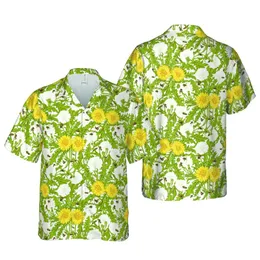 Seamless Hawaiian Dandelion & Bee Pattern | Yellow Blooms, White Seed Heads, Olive Leaves Short-sleeve Hawaiian Shirt