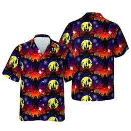 Sasquatch Witch Castle Full Moon Jack-o'-lantern Black Cat Tropical Fabric Art Short-sleeve Hawaiian Shirt