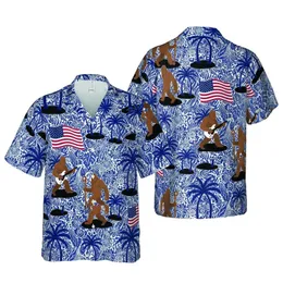 Bigfoot Enthusiast: Guitar Staff American Flag Dark Blue Palm Tree Island White Field Pattern Short-sleeve Hawaiian Shirt