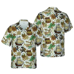Hawaiian Pirate Ship Swashbuckler Gold Coin Treasure Map Compass Design Tile Short-sleeve Hawaiian Shirt
