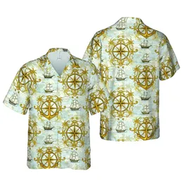 Intricate Golden Anchor Compass Rose Multi-Masted Ship Palm Tree Island Map Short-sleeve Hawaiian Shirt