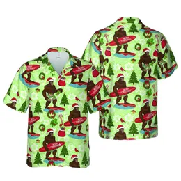 Bigfoot Surfer Santa Hat Design: 'Merry Christmas' Surfboard, Wreaths, Snowflakes Short-sleeve Hawaiian Shirt