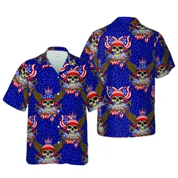 Patriotic Pirate Skulls American Flags Bald Eagles Star Crowns Gold Hoops Art Pattern Short-sleeve Hawaiian Shirt