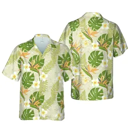 Hawaiian Tropical Pattern: Monstera Bird of Paradise Plumeria Fern Motifs Short-sleeve Hawaiian Shirt