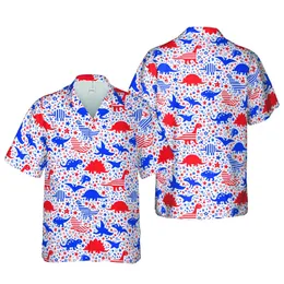 Cartoon Dinosaurs Hawaiian Pattern: T-Rex Stegosaurus Sauropod Pterodactyl Red Blue Stars Short-sleeve Hawaiian Shirt