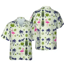 Hawaiian Tiki Mask Flamingo Pineapple Pattern: Botanical Linen Textile Design Short-sleeve Hawaiian Shirt