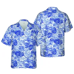 Equestrian Toile Design: Cobalt Blue Hawaiian Horse & Camel Pastoral River Landscape Short-sleeve Hawaiian Shirt