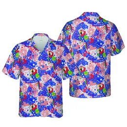 4th of July Macaw Parrot Hawaiian Pattern American Flags Firework Stars Short-sleeve Hawaiian Shirt
