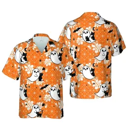 Tropical Hawaiian Ghost Black Cat Pattern: Orange White Bats Stars Moon Geometric Grid Short-sleeve Hawaiian Shirt