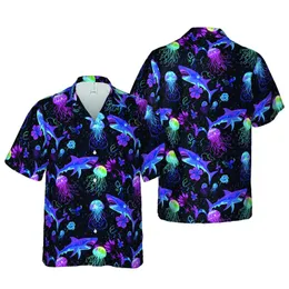 Seamless Neon Glow Sharks Bioluminescent Jellyfish Cosmic Ocean Textile Pattern Short-sleeve Hawaiian Shirt