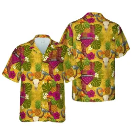 Cowboy Western Aloha Pattern: Boots, Hats, Pineapples, Tropical Flora, Golden Yellow Short-sleeve Hawaiian Shirt