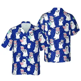 Scholarly Reading Ghosts: Hawaiian Pastel Books, Navy Texture, High Contrast Short-sleeve Hawaiian Shirt